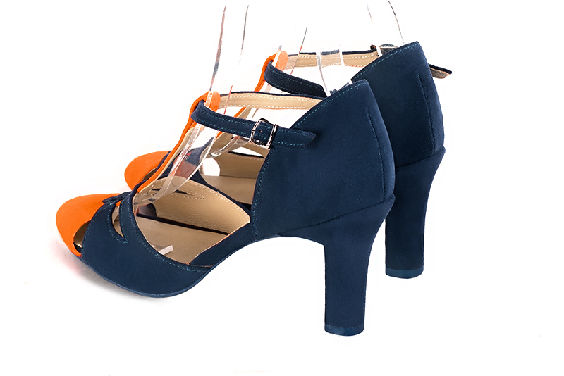 Clementine orange and navy blue women's T-strap open side shoes. Round toe. High kitten heels. Rear view - Florence KOOIJMAN